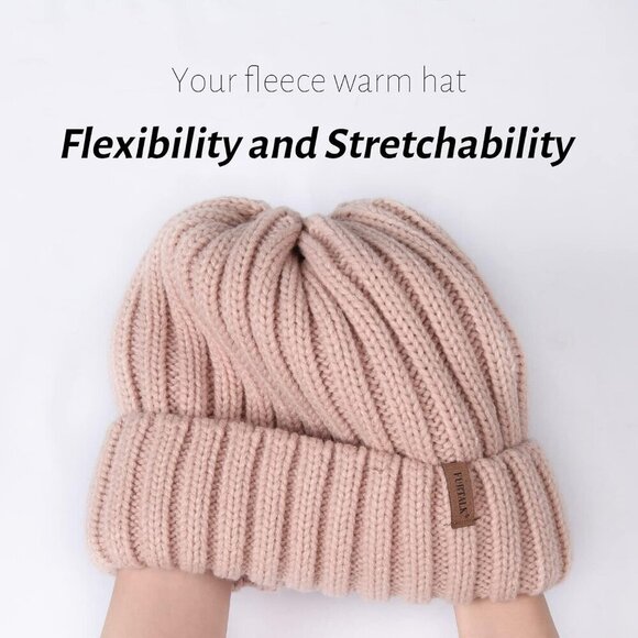 Women’s Light Pink Winter Fleece-Lined Chunky Knit Beanie Snow Hat Cap main image 5